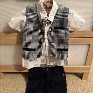 Plaid Vest and Bow Tie Set with White Shirt and Navy Pants